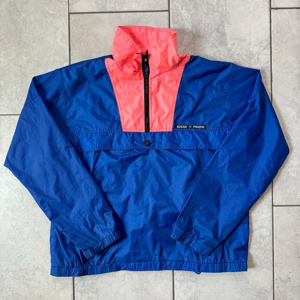 1980's Ocean Pacific Vintage Windbreaker Size XL Black/Pink Color Block